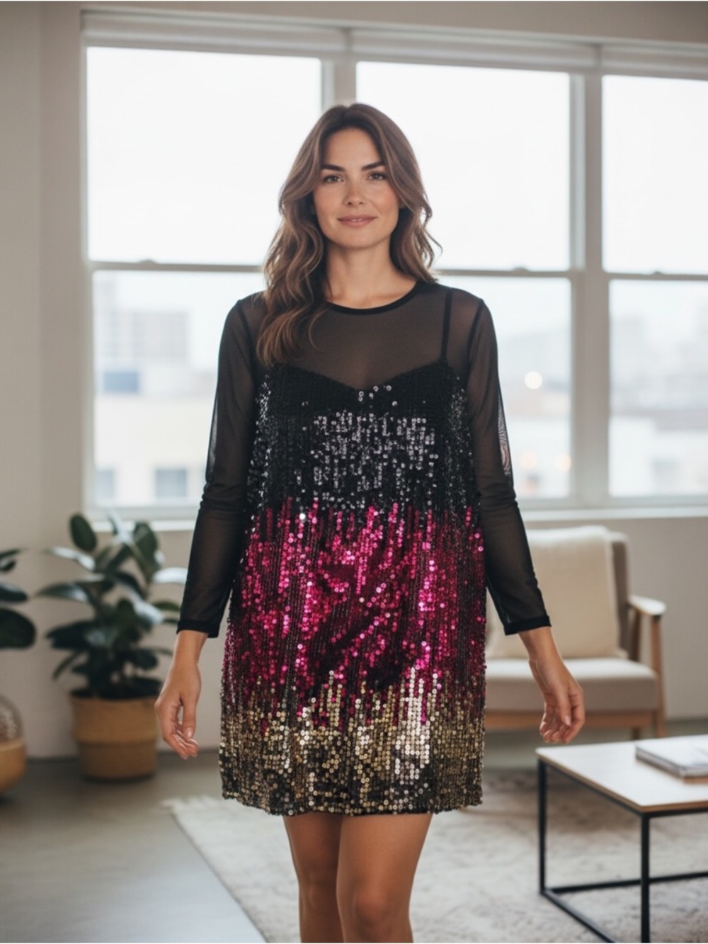 Denim 24/7 Black to Pink Ombre Sequin Mesh-Sleeve Mini Dress